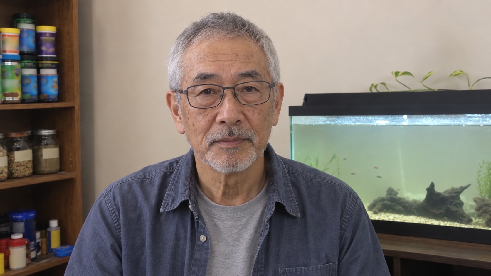 Tadao Shimizu wearing glasses and a casual blue shirt beside an aquarium
